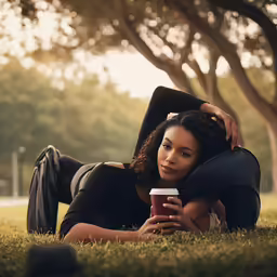 a woman on her belly laying down holding a cup of coffee