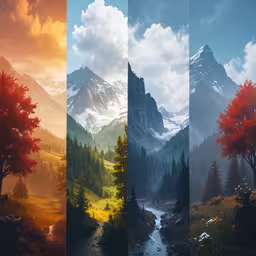 three pictures of mountains and a river, one of which is red