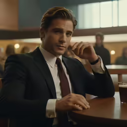 a well dressed man sits at the table with a beer in his hand