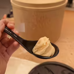 a person holding a spoon with some food in it