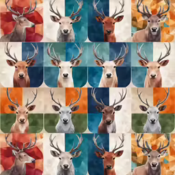 a colorful pattern of deer with horns and antlers