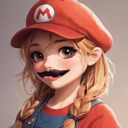 a girl with long blonde hair wearing an orange hat and mustache