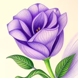 the large purple flower is still blooming,purple colored flower on white background with green leaves,this is a drawing of an image of a rose,a drawing of a single flower with leaves,a drawing of a flower and leaf with green stems
