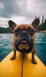 a small brown dog sitting on top of a yellow surfboard