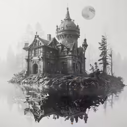 a castle sits in the middle of a forest