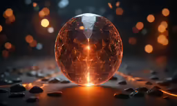 a shiny glass sphere in the middle of some rocks