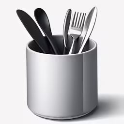 a cup filled with silverware next to a fork and knife