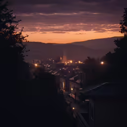 a city street at night surrounded by trees