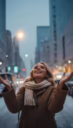 a smiling woman standing in the snow with her arms open