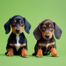 two dogs one brown and one black are sitting on a green surface