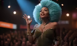 a woman with a blue afro is performing in front of a crowd