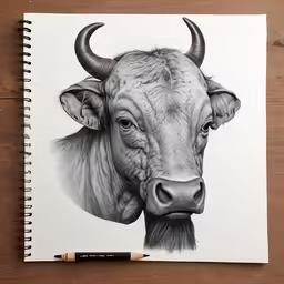 drawing on paper of a cow head with long horns