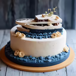 a three tiered cake with blue icing and flowers