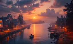 a boat on the water as the sun sets