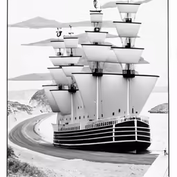 black and white image of a large boat on the water