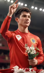 a man in an orange shirt is holding flowers