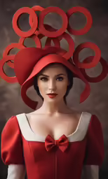a woman in red dress with a hat on it