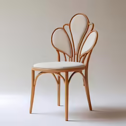 the back and seat of a chair made of wood with a white cushion