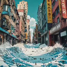 people in snow covered buildings on a cold day
