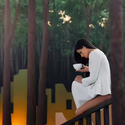 a woman is eating from a cup and sitting on a balcony