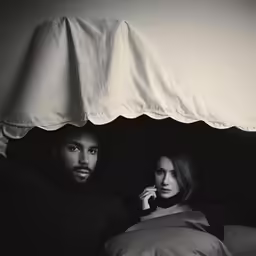 a man and woman under a bed with an unmade pillow