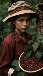 the girl in the hat is holding a basket full of beans