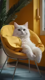 a large white cat is sitting in a chair