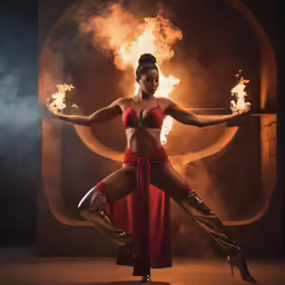 a woman wearing red is shown performing with fire