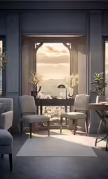 the interior of a beautiful, dark - lit room with grey walls and wooden flooring