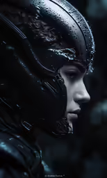 woman wearing black helmet and dark background with drops