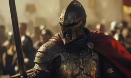 a man with a helmet and sword stands in front of a crowd