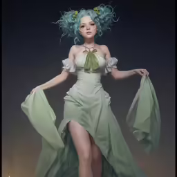 a girl wearing green in a dress and some type of jewelry