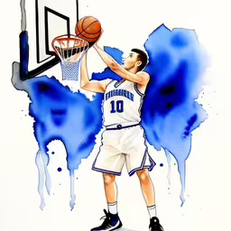 a painting of a person playing basketball,there is a painting of a basketball player with a ball,there is a drawing of a man shooting at the ball,an ink drawing of a man shooting a basketball,painting of a male basketball player dunking the basketball