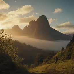 the sun is setting over the mountains in a foggy valley