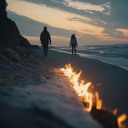 two people standing next to fire on the beach