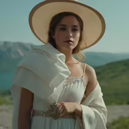 a woman in white clothing standing with mountains in background