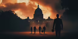 three men standing in front of a massive building with a big dome