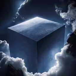 a very big cube in the clouds with some light coming out