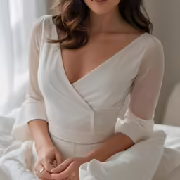 a beautiful woman wearing white sitting on a bed