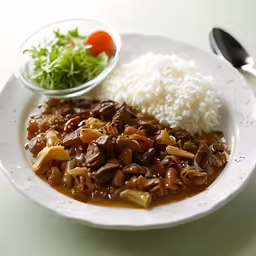 a white plate with food that has rice and meat on it