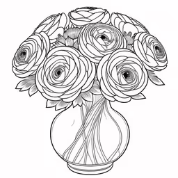 a vase full of roses coloring page,a flower vase with lots of flowers in it,flowers in vase line drawing art,the vase has flowers in it,a vase full of flowers is shown coloring page