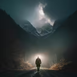 a man standing at the edge of a road as light coming through the mountains
