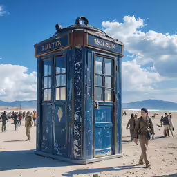 two men walking on the beach in front of a small blue phone booth