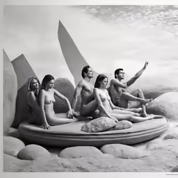 four nude women and one man on a raft