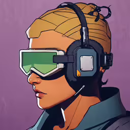 a character with a helmet, goggles, and headphones,a painting shows a woman wearing futuristic headphones