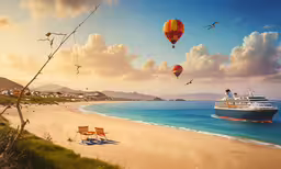 a painting with the cruise ship being pulled up on the beach by a boat,a boat on a beach next to some green trees