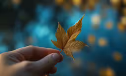 there is a hand holding a single leaf in the air