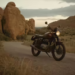 a motorcycle parked on the side of a road near mountains