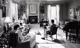 people sitting in chairs around a living room fireplace