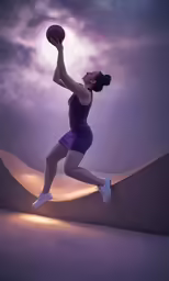 a woman in a purple top is playing basketball